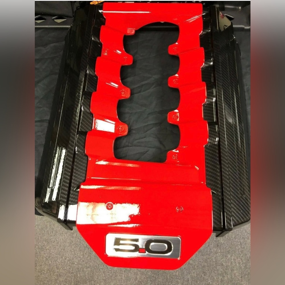 Ford Mustang GT Painted Race Red Center And Black Sides. Engine Cover 5.0